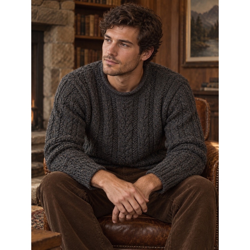 Vintage Orvis Mens M Made USA Cotton Cable Knit Roll Neck Fisherman Sweater Gray